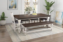 Load image into Gallery viewer, Sunset Trading Rustic French 78&quot; Rectangular Dining Table Set with Bench | 4 Upholstered Chairs | Distressed White and Brown Solid Wood | Kitchen Furniture