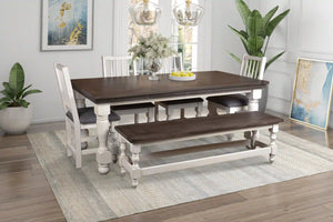 Sunset Trading Rustic French 78" Rectangular Dining Table Set with Bench | 4 Upholstered Chairs | Distressed White and Brown Solid Wood | Kitchen Furniture