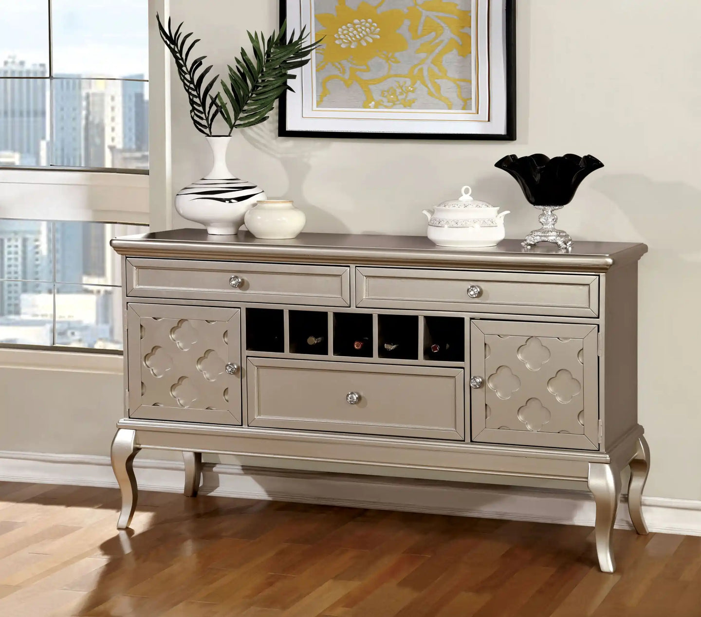 Furniture of America Mora Contemporary Multi-Storage Server in Gray and Champagne - IDF-3219SV