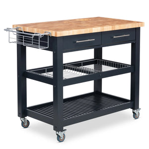 Portable Kitchen Cart with Extra Large Butcher Block Top and Wire Baskets in Midnight Navy Finish