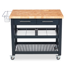 Load image into Gallery viewer, Portable Kitchen Cart with Extra Large Butcher Block Top and Wire Baskets in Midnight Navy Finish
