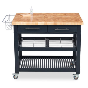 Portable Kitchen Cart with Extra Large Butcher Block Top and Wire Baskets in Midnight Navy Finish