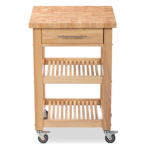 Portable Square Kitchen Cart with Butcher Block Top and Wood Shelves in Natural Finish