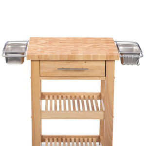 Portable Square Kitchen Cart with Butcher Block Top and Wood Shelves in Natural Finish