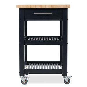 Portable Square Kitchen Cart with Butcher Block Top and Wood Shelves in Midnight Navy Finish