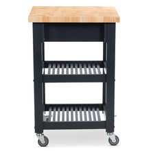 Load image into Gallery viewer, Portable Square Kitchen Cart with Butcher Block Top and Wood Shelves in Midnight Navy Finish