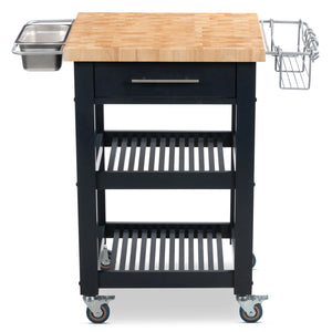 Portable Square Kitchen Cart with Butcher Block Top and Wood Shelves in Midnight Navy Finish