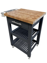 Load image into Gallery viewer, Portable Square Kitchen Cart with Butcher Block Top and Wood Shelves in Midnight Navy Finish