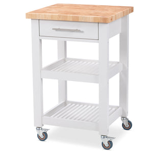 Portable Square Kitchen Cart with Butcher Block Top and Wood Shelves in White Finish