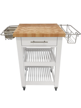 Load image into Gallery viewer, Portable Square Kitchen Cart with Butcher Block Top and Wood Shelves in White Finish