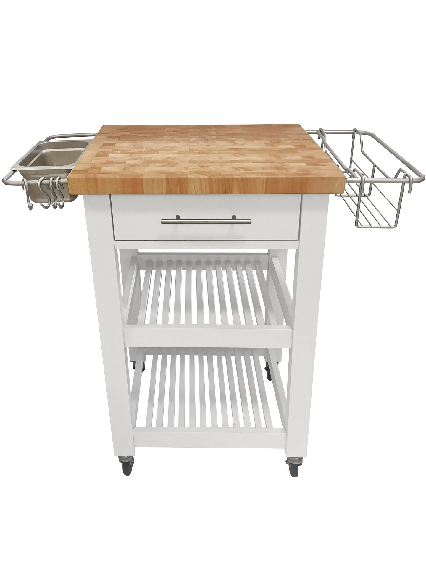 Portable Square Kitchen Cart with Butcher Block Top and Wood Shelves in White Finish