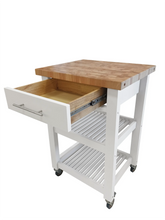 Load image into Gallery viewer, Portable Square Kitchen Cart with Butcher Block Top and Wood Shelves in White Finish