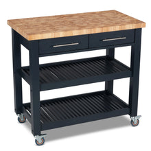 Load image into Gallery viewer, Portable Kitchen Cart with Butcher Block Top and Wood Shelves in Midnight Navy Finish