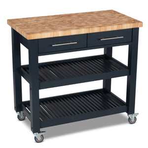 Portable Kitchen Cart with Butcher Block Top and Wood Shelves in Midnight Navy Finish