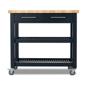 Portable Kitchen Cart with Butcher Block Top and Wood Shelves in Midnight Navy Finish