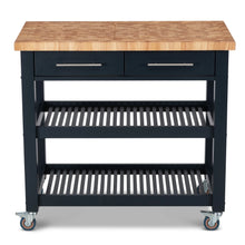 Load image into Gallery viewer, Portable Kitchen Cart with Butcher Block Top and Wood Shelves in Midnight Navy Finish