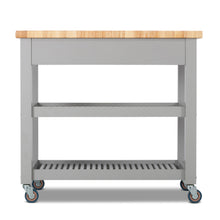 Load image into Gallery viewer, Portable Kitchen Cart with Butcher Block Top and Wood Shelves in Light Grey Finish