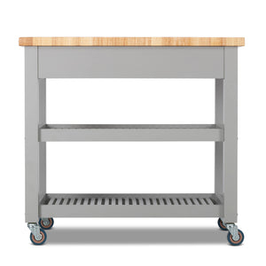 Portable Kitchen Cart with Butcher Block Top and Wood Shelves in Light Grey Finish