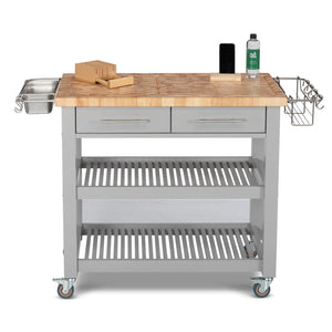 Portable Kitchen Cart with Butcher Block Top and Wood Shelves in Light Grey Finish