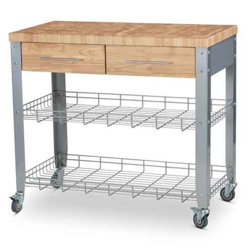 Portable Kitchen Cart with Butcher Block Top and Wire Shelves