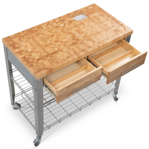 Portable Kitchen Cart with Butcher Block Top and Wire Shelves