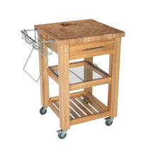 Load image into Gallery viewer, Portable Square Kitchen Cart with Butcher Block Top and Wire Basket in Natural Finish