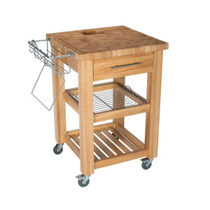 Portable Square Kitchen Cart with Butcher Block Top and Wire Basket in Natural Finish