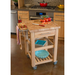 Portable Square Kitchen Cart with Butcher Block Top and Wire Basket in Natural Finish