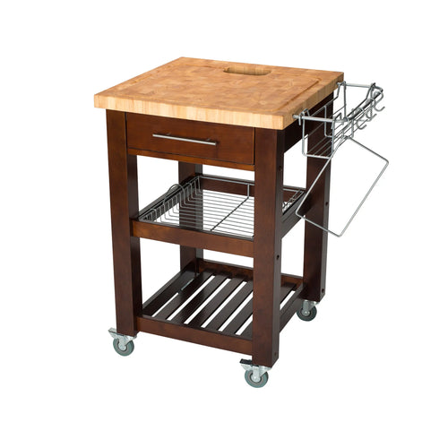Portable Square Kitchen Cart with Butcher Block Top and Wire Basket in Espresso Finish