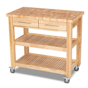 Portable Kitchen Cart with Butcher Block Top and Wood Shelves in Natural Finish