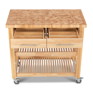 Portable Kitchen Cart with Butcher Block Top and Wood Shelves in Natural Finish