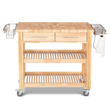 Load image into Gallery viewer, Portable Kitchen Cart with Butcher Block Top and Wood Shelves in Natural Finish