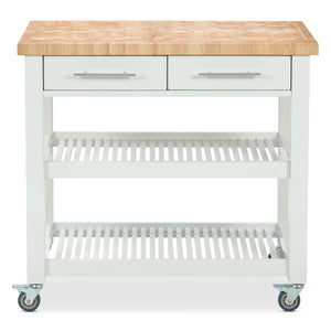 Portable Kitchen Cart with Butcher Block Top and Wood Shelves in White Finish