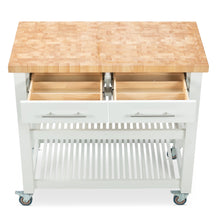 Load image into Gallery viewer, Portable Kitchen Cart with Butcher Block Top and Wood Shelves in White Finish