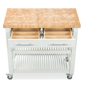 Portable Kitchen Cart with Butcher Block Top and Wood Shelves in White Finish