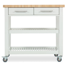 Load image into Gallery viewer, Portable Kitchen Cart with Butcher Block Top and Wood Shelves in White Finish