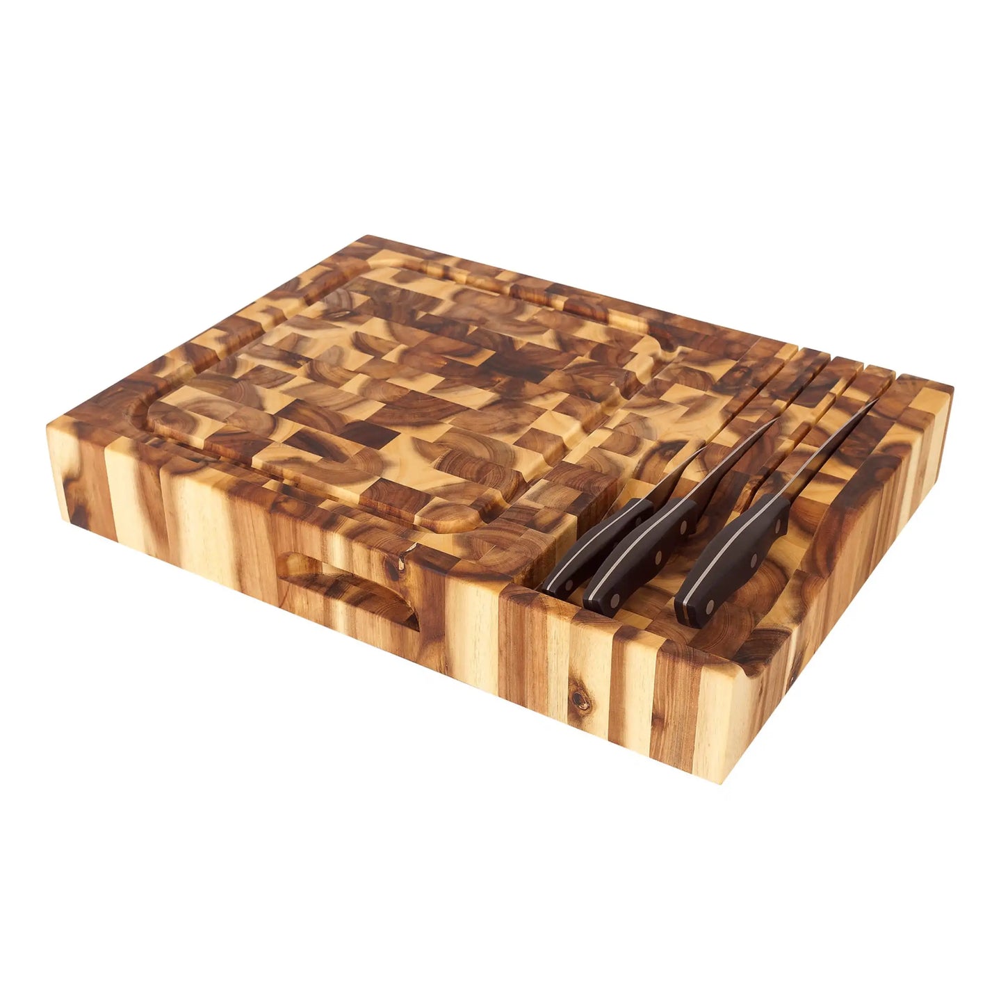 End Grain Acacia Cutting Board with Knife Storage Slots