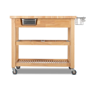 Portable Kitchen Cart with Extra Large Butcher Block Top and Wire Baskets in Natural Finish