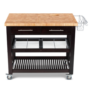 Portable Kitchen Cart with Extra Large Butcher Block Top and Wire Baskets in Espresso Finish