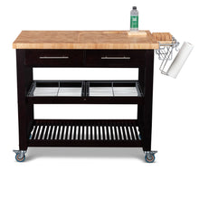 Load image into Gallery viewer, Portable Kitchen Cart with Extra Large Butcher Block Top and Wire Baskets in Espresso Finish