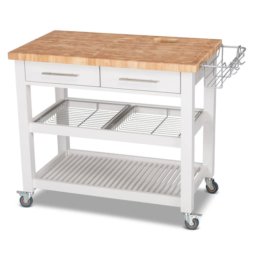 Portable Kitchen Cart with Extra Large Butcher Block Top and Wire Baskets in White Finish