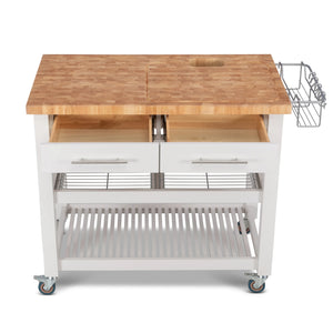 Portable Kitchen Cart with Extra Large Butcher Block Top and Wire Baskets in White Finish