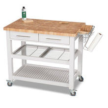 Load image into Gallery viewer, Portable Kitchen Cart with Extra Large Butcher Block Top and Wire Baskets in White Finish