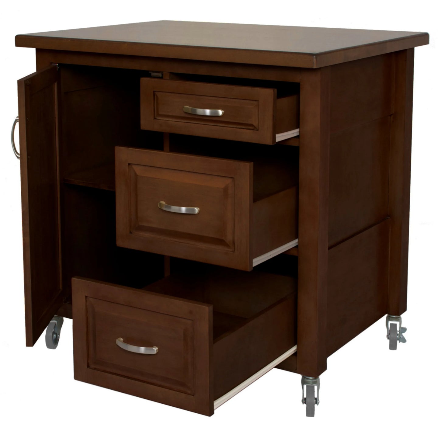 Sunset Trading Andrews Kitchen Cart | Three Drawers | Adjustable Shelf Cabinet | Distressed Chestnut Brown