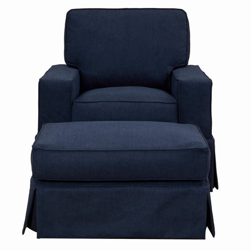Sunset Trading Americana Box Cushion Slipcovered Chair and Ottoman Set | Stain Resistant Performance Fabric | Navy Blue