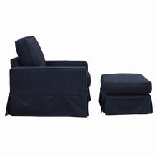 Load image into Gallery viewer, Sunset Trading Americana Box Cushion Slipcovered Chair and Ottoman Set | Stain Resistant Performance Fabric | Navy Blue