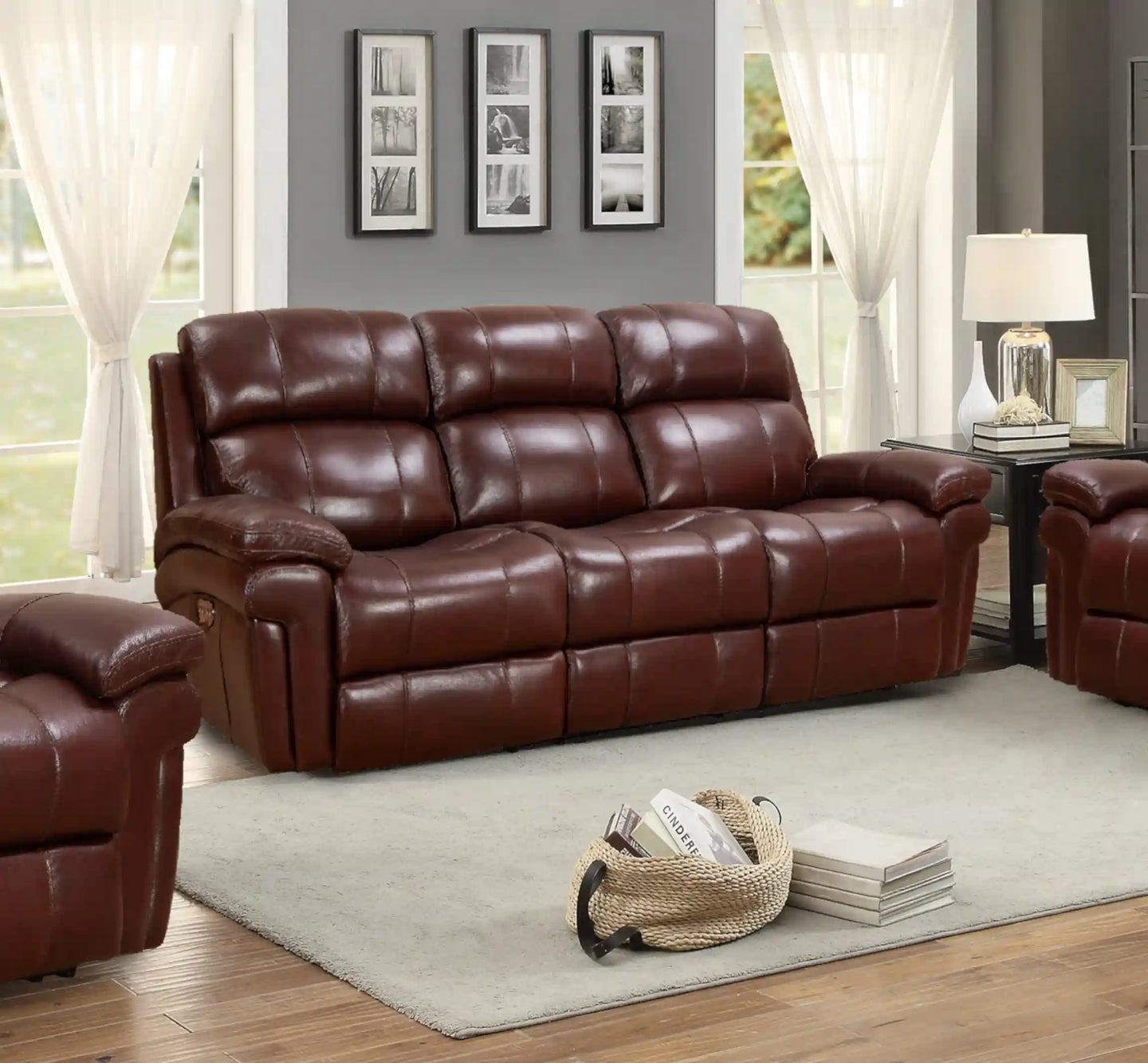 Sunset Trading Luxe Leather Reclining Sofa with Power Headrest | 3 Seater | Dual Recline | USB Ports | Brown