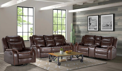 Sunset Trading Avant 3 Piece Reclining Living Room Set | Sofa with Drop Down Console USB, 2 Outlets, Cupholders | Dual Rocking Loveseat with Storage | Swivel Rocker | Brown Faux Leather