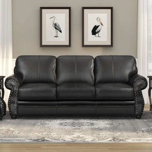 Sunset Trading Charleston 86" Wide Top Grain Leather Sofa | Black 3 Seater Rolled Arm Couch with Nailheads