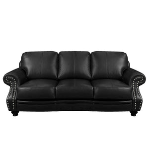 Sunset Trading Charleston 86" Wide Top Grain Leather Sofa | Black 3 Seater Rolled Arm Couch with Nailheads